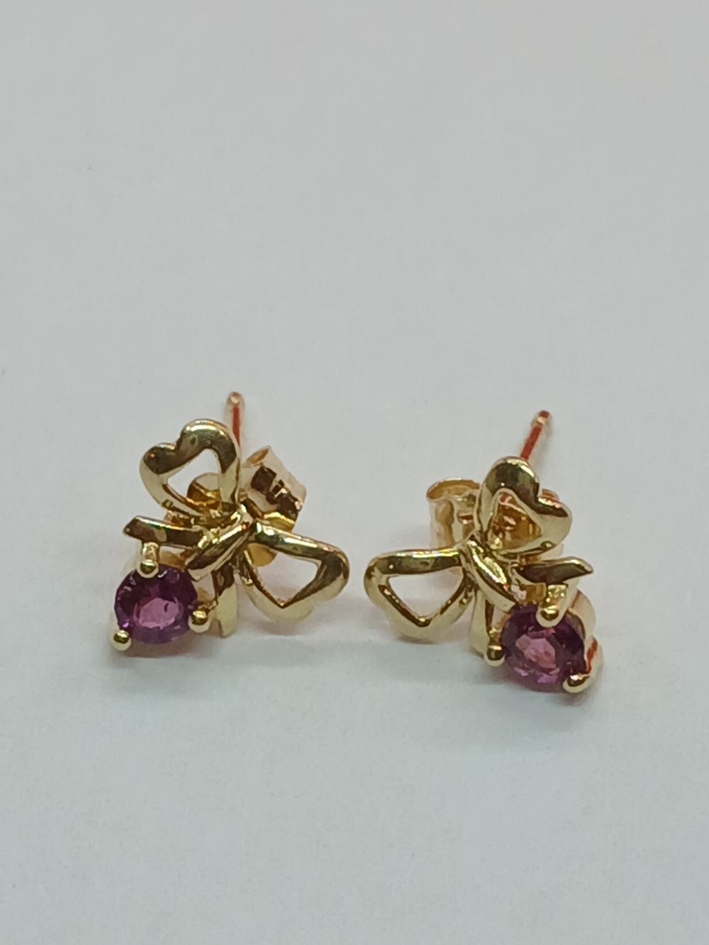 14K Yellow Gold Pink Stone Bow Stud Earrings